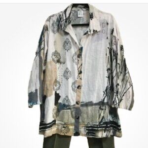 Parsley & Sage Women Plus Size 3X Top Blouse Tunic Button Front Pockets Tan Blue